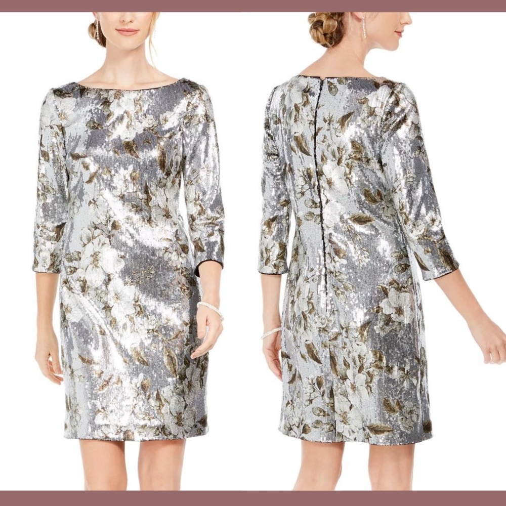 NEW $168 Vince Camuto [ Petite 2P ] Floral Sequined Bodycon‎ Dress in Silver
